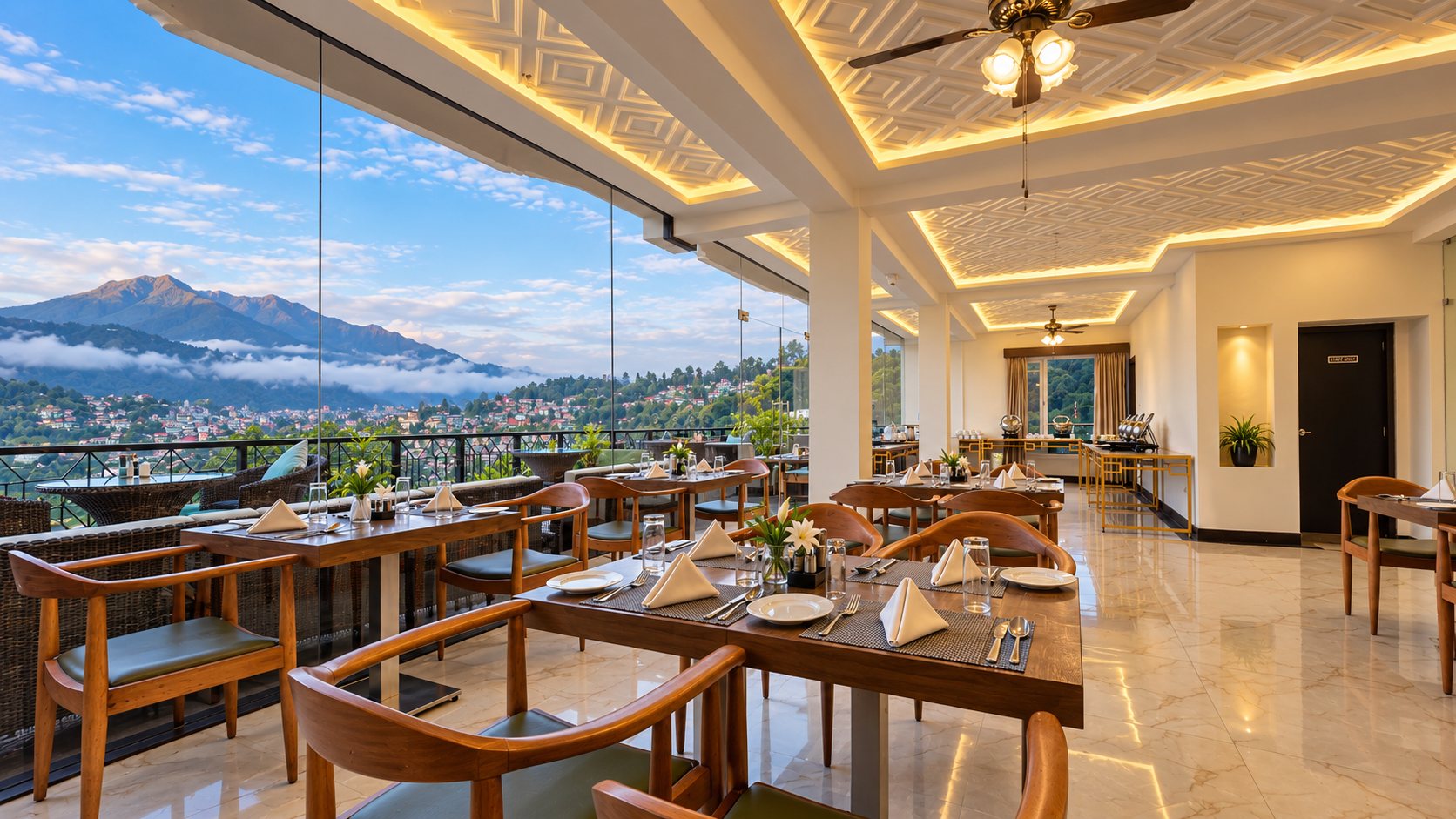 The Mist & Spice - Glass-walled restaurant at Lillium Hotel & Spa with valley views