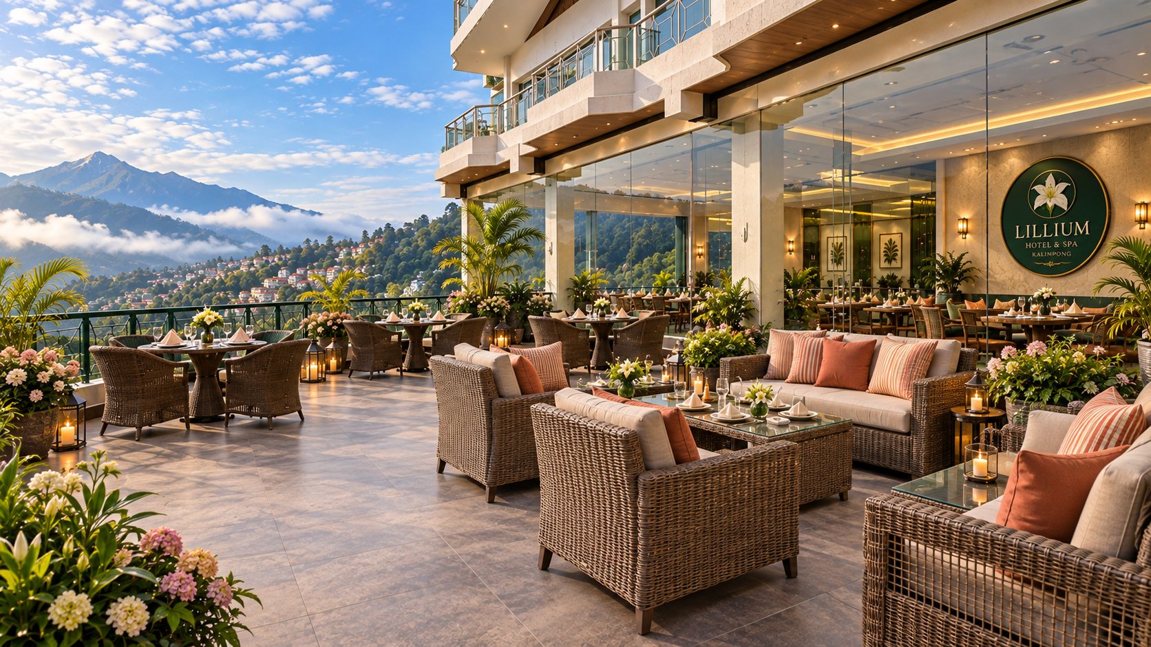 The outer deck at Lillium Hotel & Spa - Rattan lounge seating, lanterns and hydrangeas overlooking the Kalimpong valley