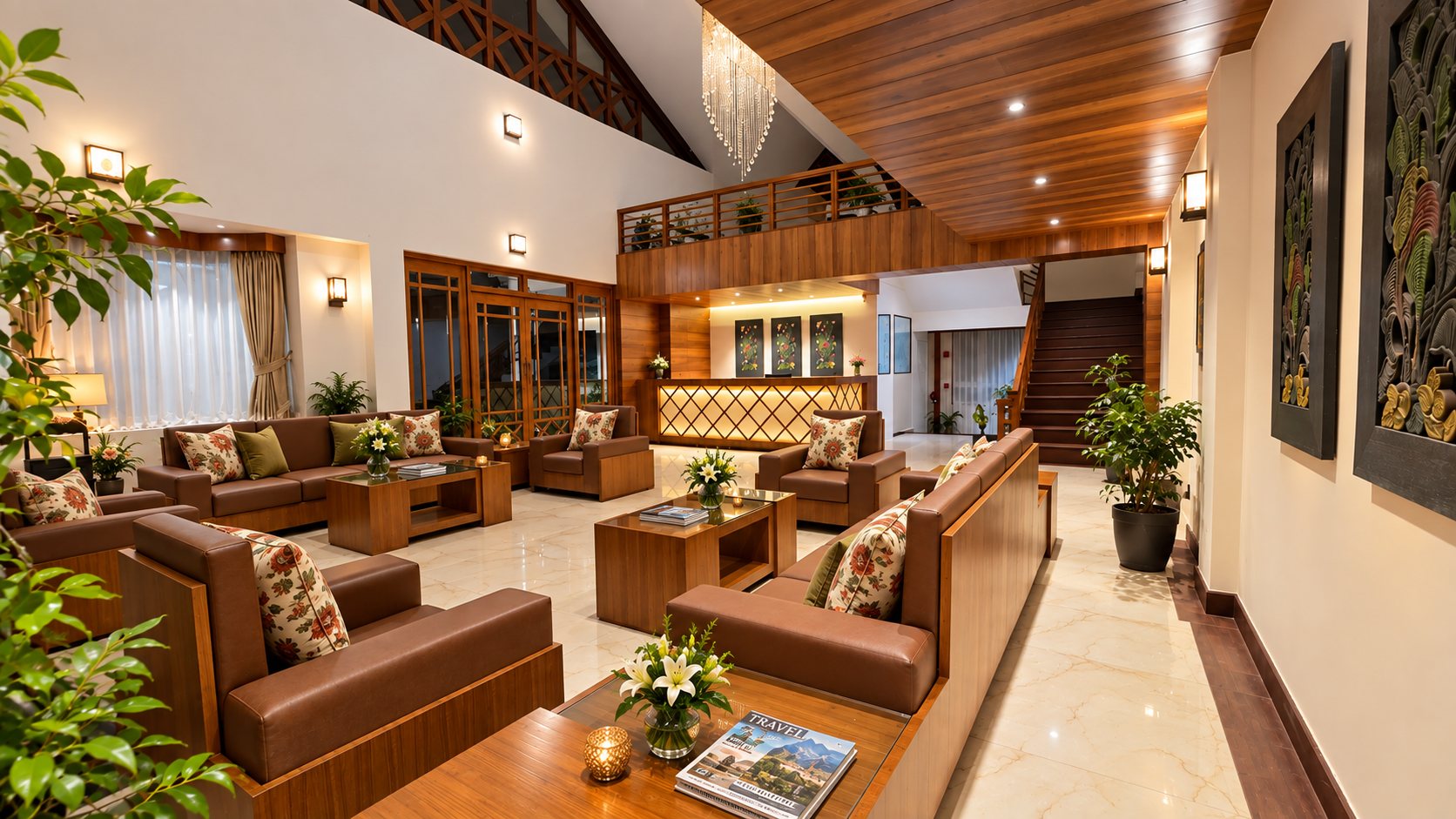 The double-height lobby lounge and reception at Lillium Hotel & Spa, Kalimpong